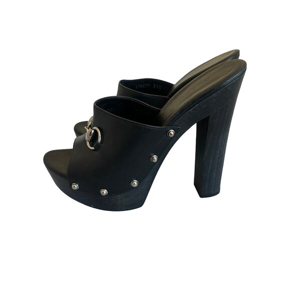Gucci Betis Glamour Horsebit High Heel Clogs Sandals Stud Open-Toe Size 38.5 - Picture 9 of 15